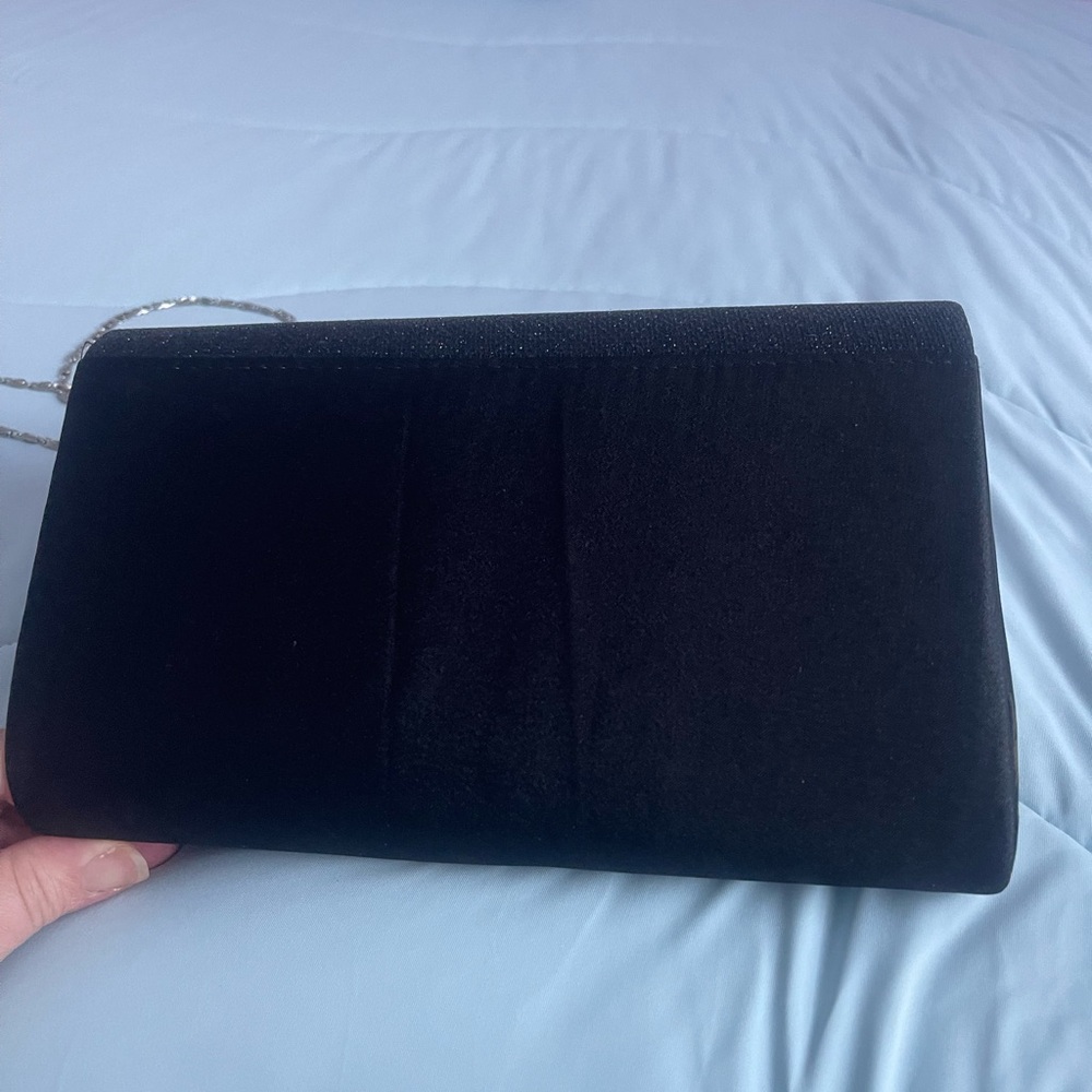 Formal satin envelope purse black, silver hardware. 9”x5”x 2 21” Handle - Picture 2 of 9